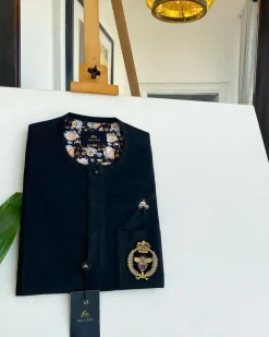 A charcoal black, clear view black Swarovski buttons, hand embroidery patch details, African traditional senator kaftan native