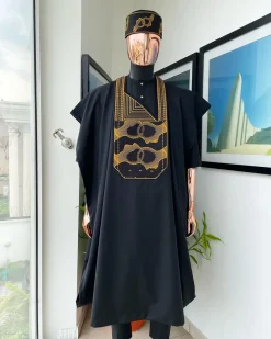 A Charcoal Black, Connected Medulla And Wooven Pattern Embroidery Agbada