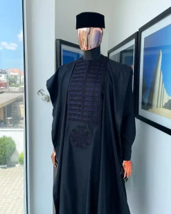 A Charcoal Black, Connected Square Embroidery Design with Blue Detailing Agbada