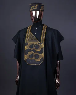 A Charcoal Black, Connected Medulla And Wooven Pattern Embroidery Agbada