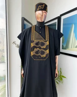 A Charcoal Black, Connected Medulla And Wooven Pattern Embroidery Agbada