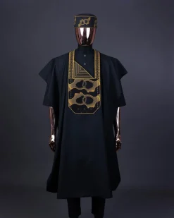 A Charcoal Black, Connected Medulla And Wooven Pattern Embroidery Agbada