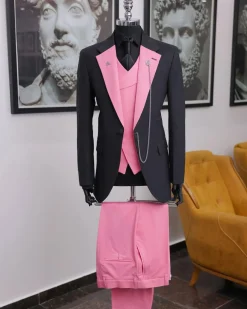 A charcoal black “contrast” pink notch lapel suit