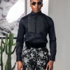 A Charcoal black, cut away collar, pleated evening tuxedo shirt.