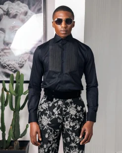 A Charcoal black, cut away collar, pleated evening tuxedo shirt.