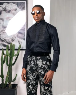 A Charcoal black, cut away collar, pleated evening tuxedo shirt.