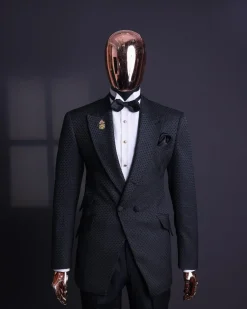 A Charcoal black, dotted jacquard, half-double-breasted suit