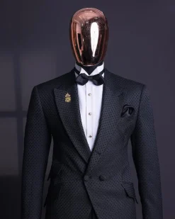 A Charcoal black, dotted jacquard, half-double-breasted suit