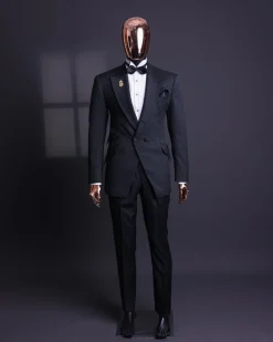 A Charcoal black, dotted jacquard, half-double-breasted suit