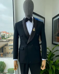 A Charcoal Black Double Breasted Shawl Lapel Tuxedo Suit