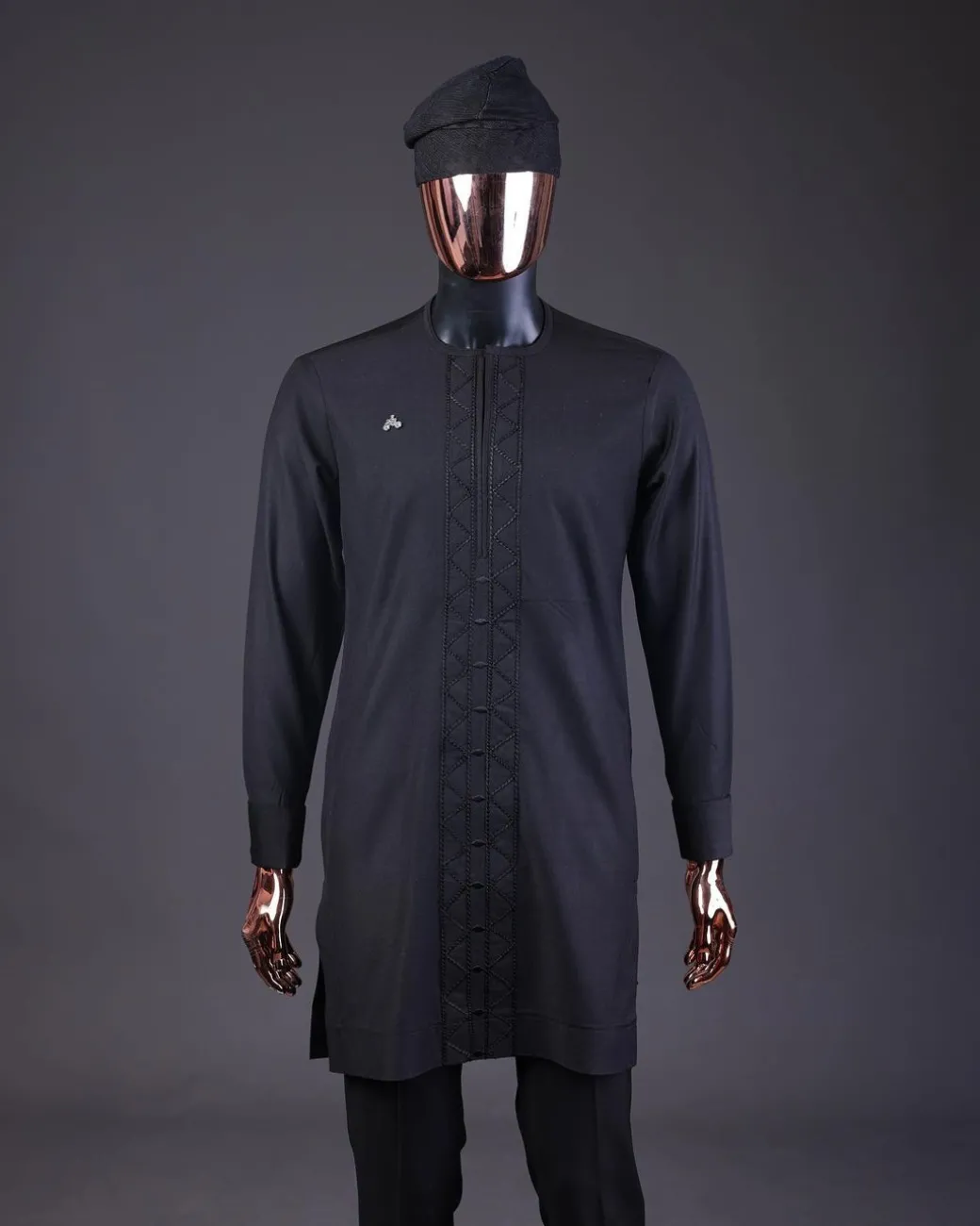 A Charcoal Black, Drop Down Lay Embroidery Detailing Kaftan, Hand Woven Yoruba Hat & Sokoto