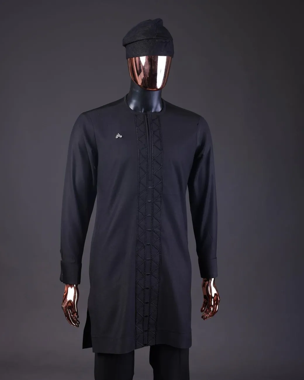 A Charcoal Black, Drop Down Lay Embroidery Detailing Kaftan, Hand Woven Yoruba Hat & Sokoto