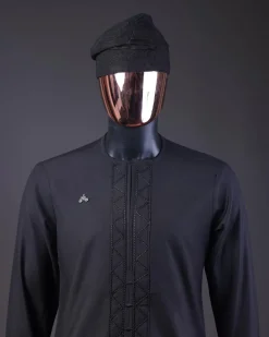 A Charcoal Black, Drop Down Lay Embroidery Detailing Kaftan, Hand Woven Yoruba Hat & Sokoto