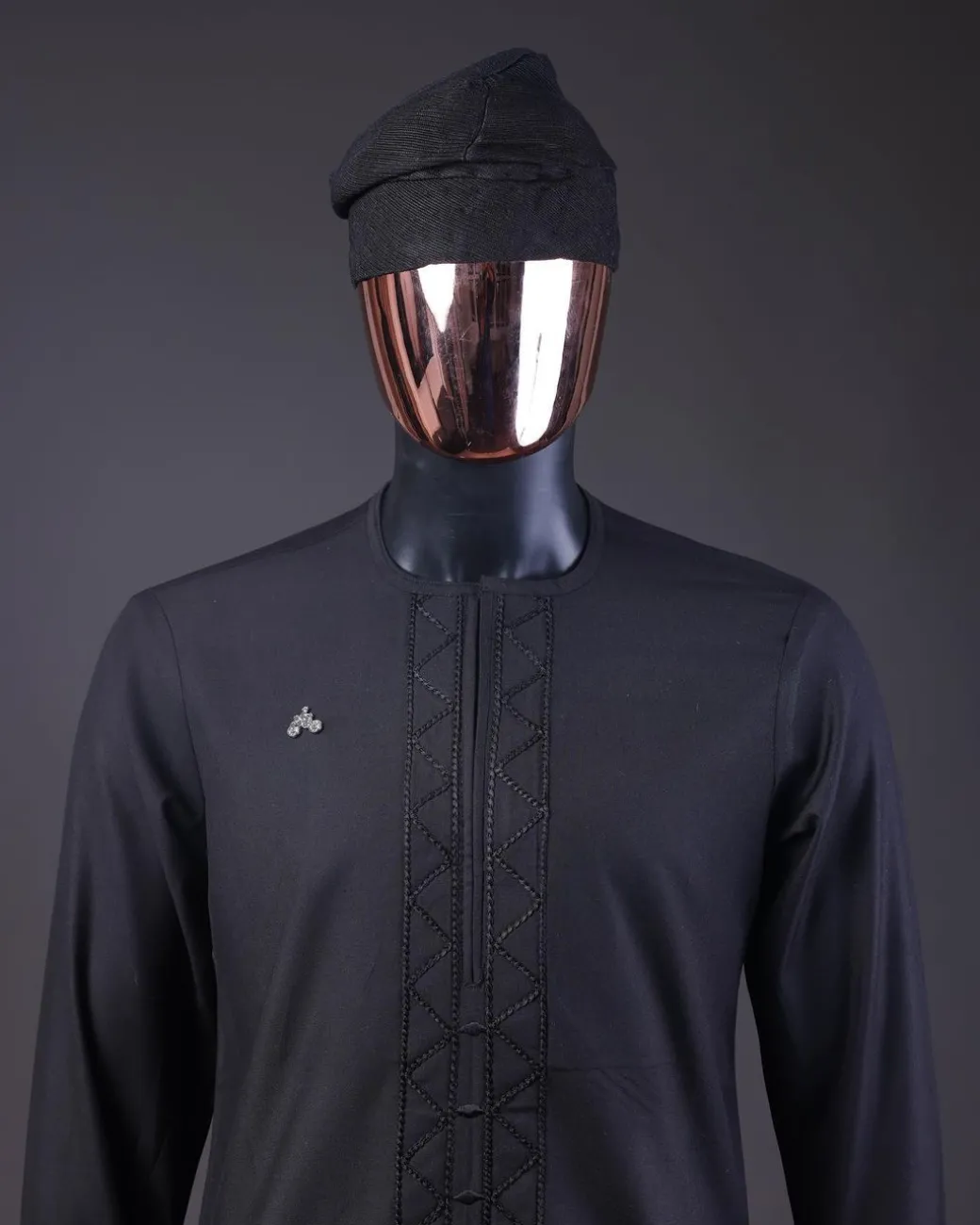 A Charcoal Black, Drop Down Lay Embroidery Detailing Kaftan, Hand Woven Yoruba Hat & Sokoto