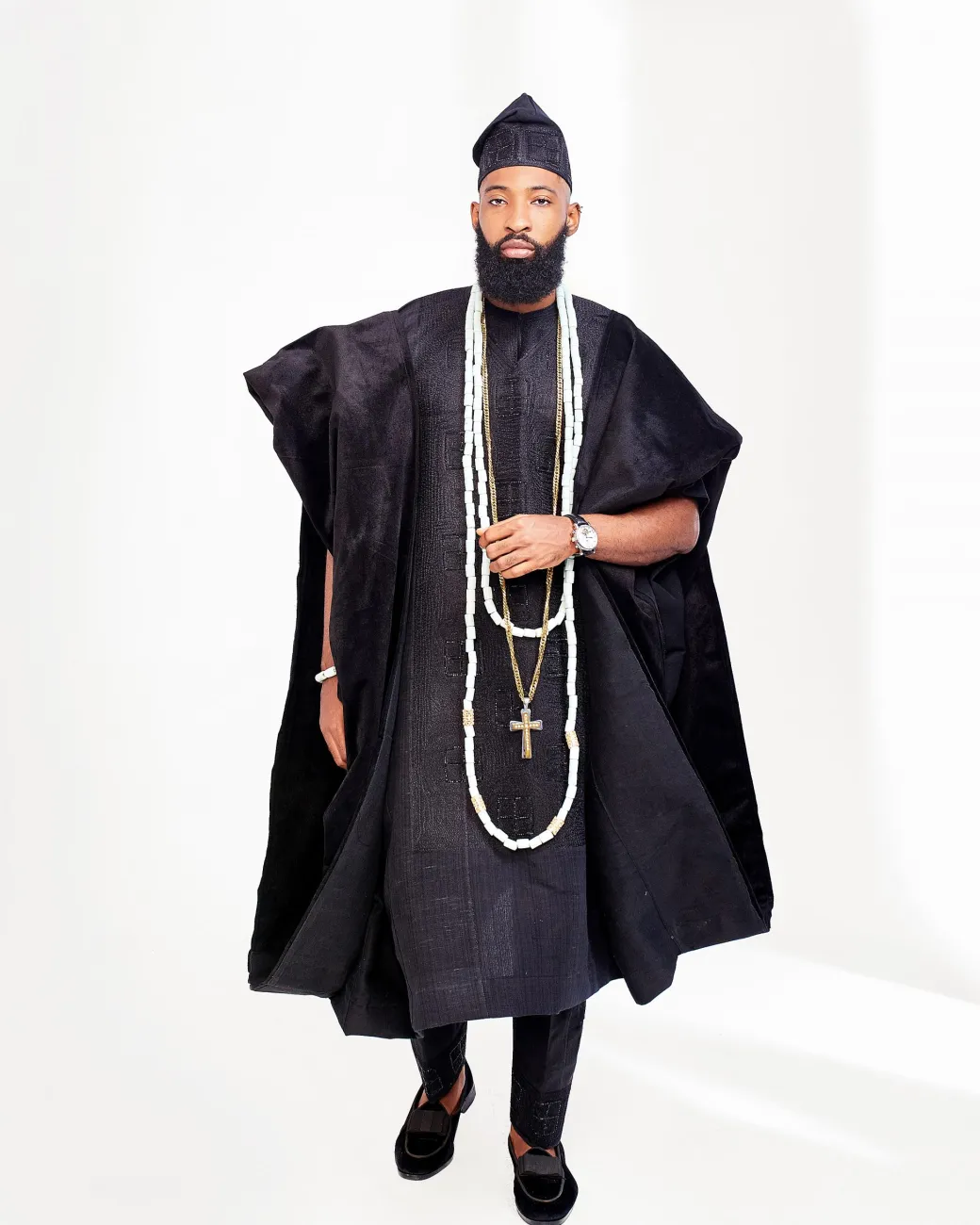 A Charcoal Black embroidery detailing with Swarovski Stone detailing Aso Oke Agbada