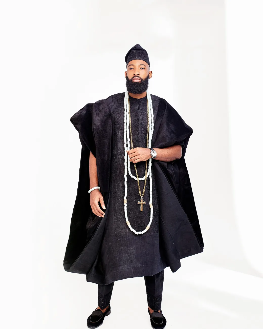 A Charcoal Black embroidery detailing with Swarovski Stone detailing Aso Oke Agbada