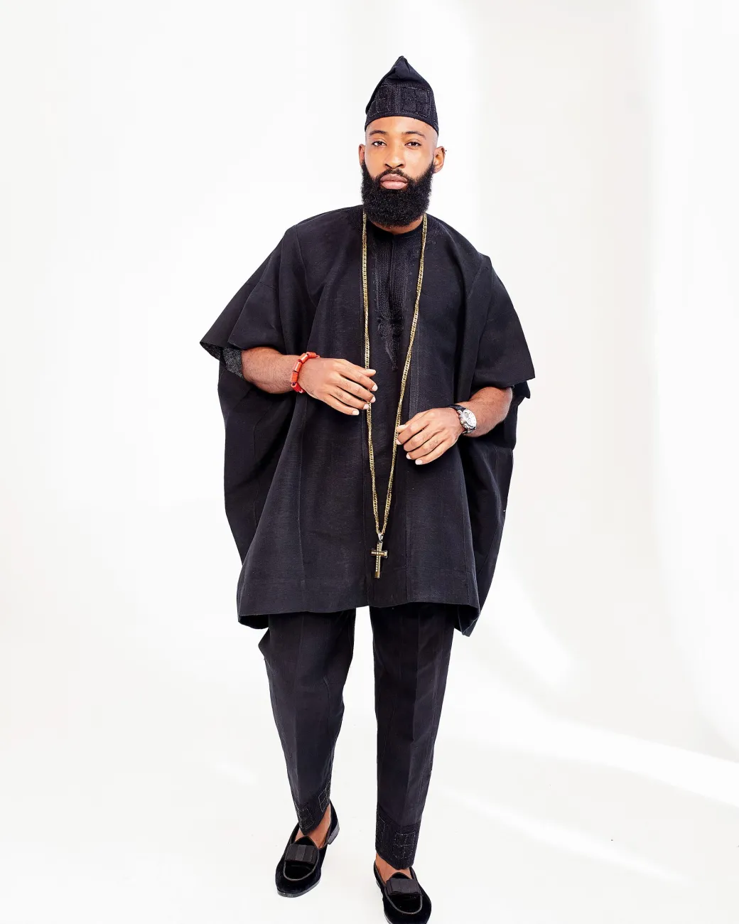 A Charcoal Black embroidery detailing with Swarovski Stone detailing Aso Oke Agbada
