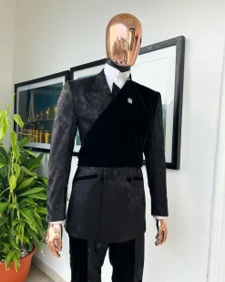A charcoal black “equalizer” quadruple breasted, knitted, peak lapel with velvet tuxedo jacquard suit