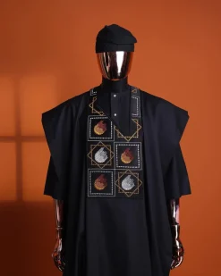 A Charcoal black, “Falling Asteroids in block” with Swarovski details embroidery Agbada.