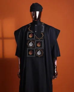 A Charcoal black, “Falling Asteroids in block” with Swarovski details embroidery Agbada.