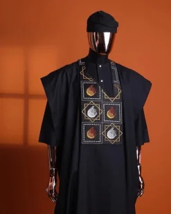 A Charcoal black, “Falling Asteroids in block” with Swarovski details embroidery Agbada.