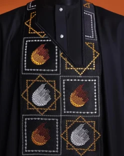 A Charcoal black, “Falling Asteroids in block” with Swarovski details embroidery Agbada.
