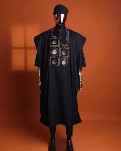 A Charcoal black, “Falling Asteroids in block” with Swarovski details embroidery Agbada.