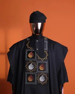 A Charcoal black, “Falling Asteroids in block” with Swarovski details embroidery Agbada.