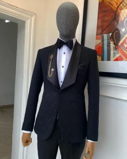 A Charcoal Black Floral Jacquard Sharp Wide Cut Shawl Lapel Tuxedo Suit