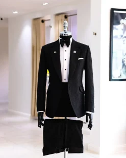 A Charcoal Black Floral Jacquard Notch Lapel Tuxedo Suit