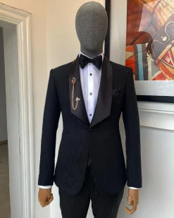 A Charcoal Black Floral Jacquard Sharp Wide Cut Shawl Lapel Tuxedo Suit