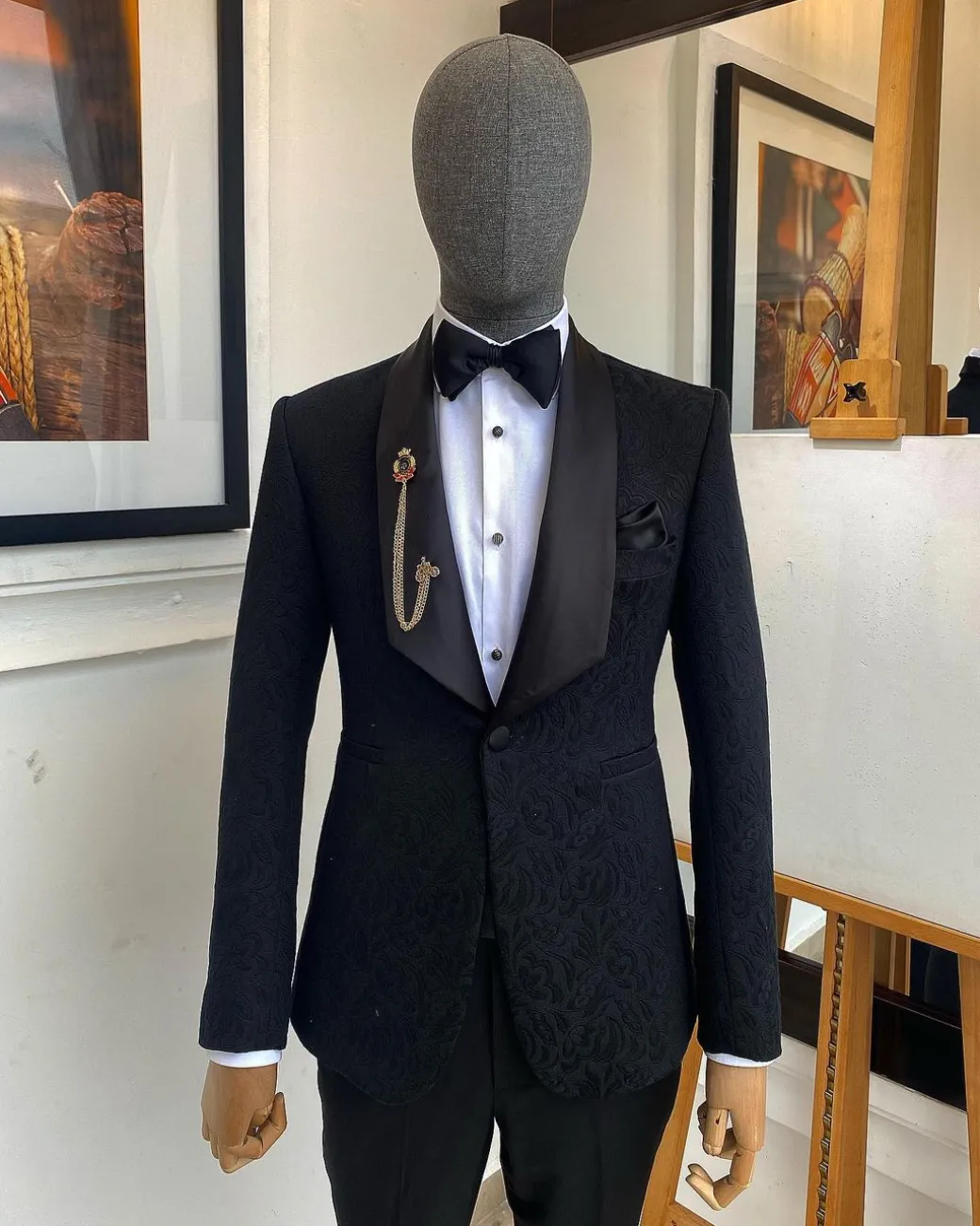 A Charcoal Black Floral Jacquard Sharp Wide Cut Shawl Lapel Tuxedo Suit