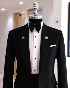 A Charcoal Black Floral Jacquard Notch Lapel Tuxedo Suit