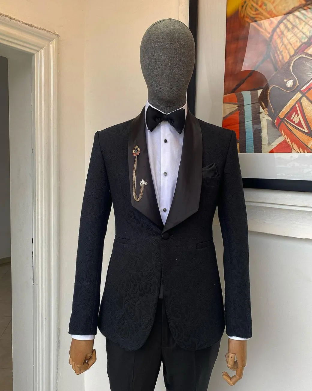 A Charcoal Black Floral Jacquard Sharp Wide Cut Shawl Lapel Tuxedo Suit