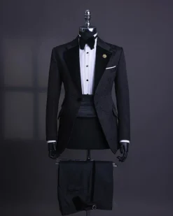 A Charcoal Black, Floral Notch lapel tuxedo suit