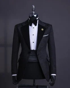 A Charcoal Black, Floral Notch lapel tuxedo suit