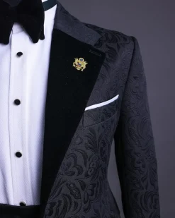A Charcoal Black, Floral Notch lapel tuxedo suit