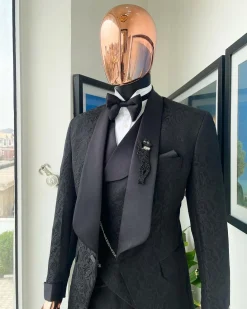A Charcoal black, floral patterned jacquard tuxedo suit