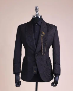 A Charcoal Black, Floral Patterned Shawl Lapel, Single Button Smoking Tuxedo Suit