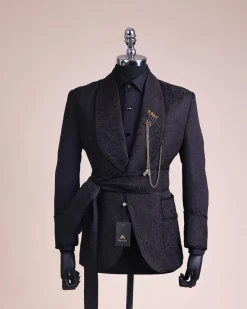 A Charcoal Black, Floral Patterned Shawl Lapel, Knitted, Single Button Smoking Tuxedo Suit