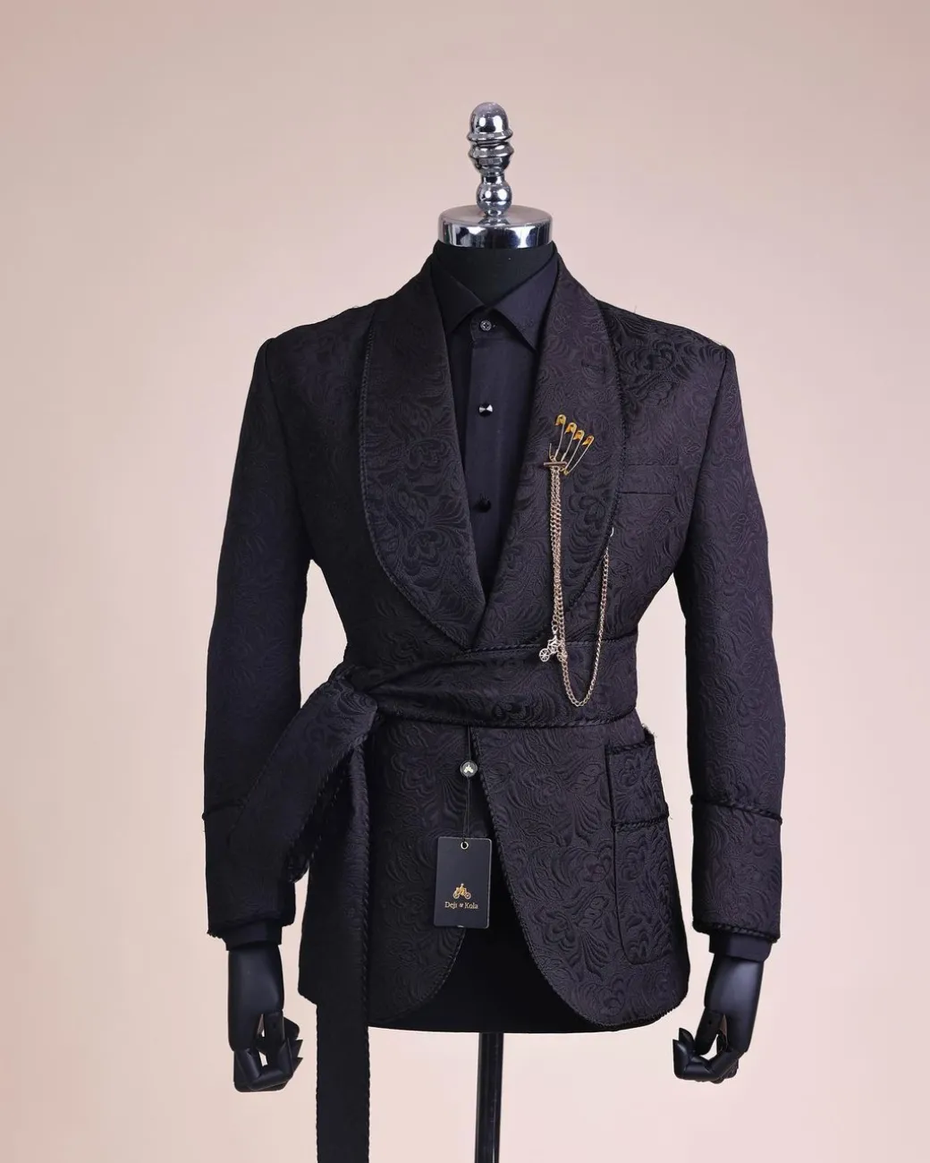 A Charcoal Black, Floral Patterned Shawl Lapel, Knitted, Single Button Smoking Tuxedo Suit