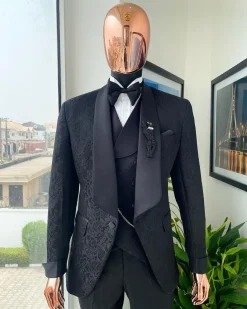 A Charcoal black, floral patterned jacquard tuxedo suit