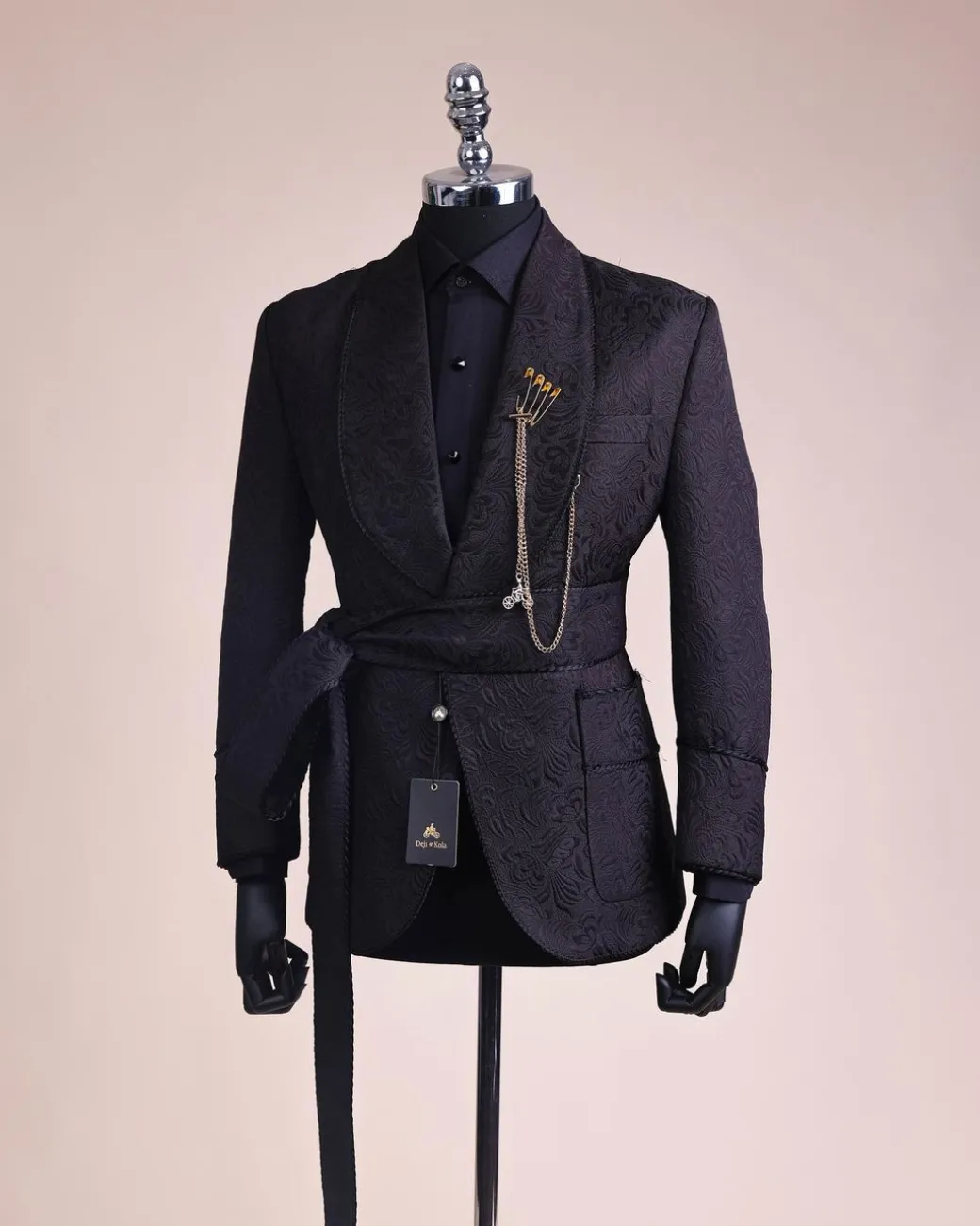 A Charcoal Black, Floral Patterned Shawl Lapel, Knitted, Single Button Smoking Tuxedo Suit
