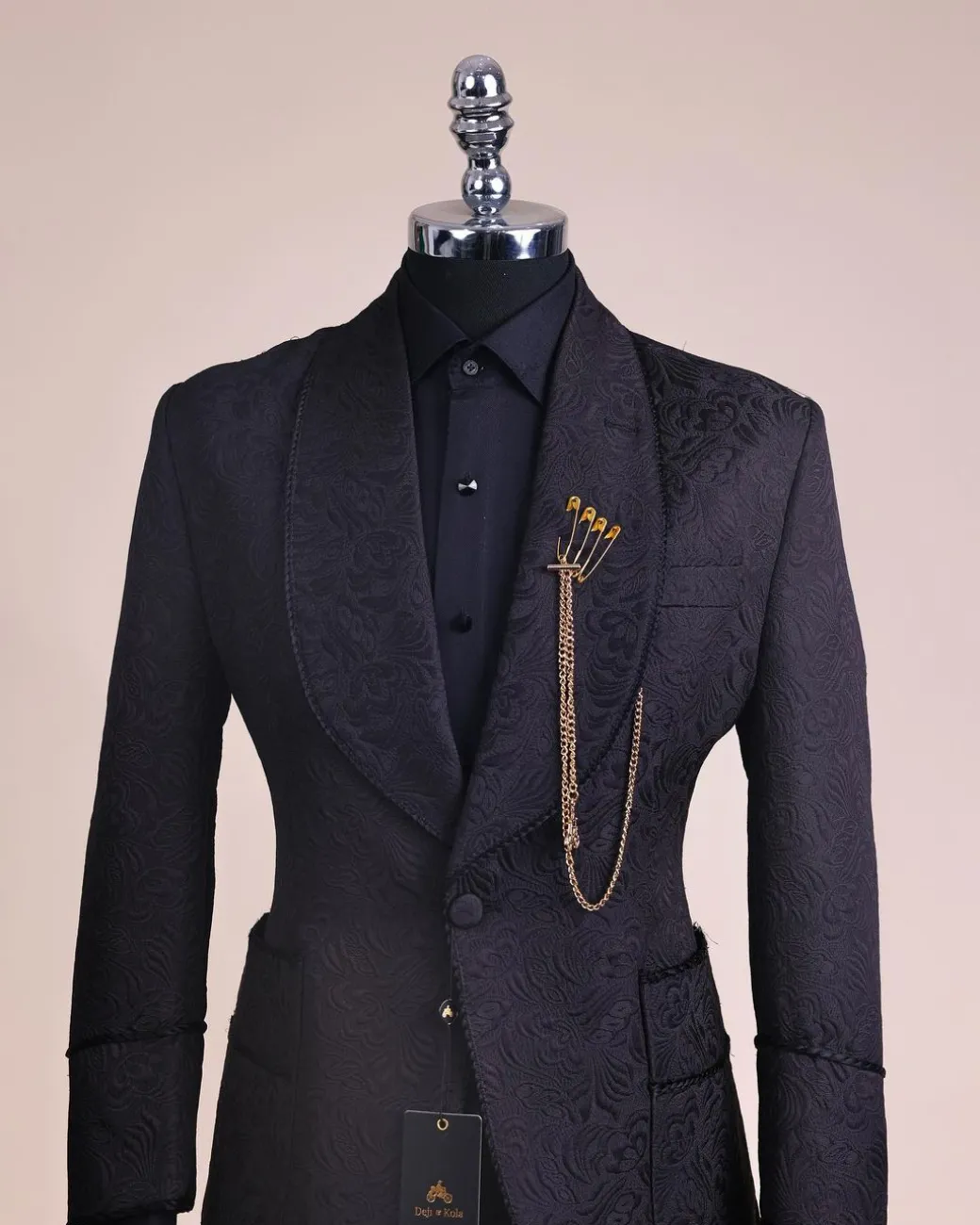 A Charcoal Black, Floral Patterned Shawl Lapel, Single Button Smoking Tuxedo Suit
