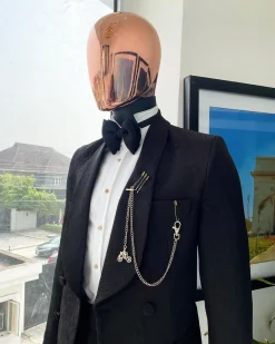A Charcoal black, floral pattern, double-breasted shawl lapel jacquard tuxedo suit.