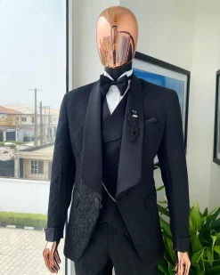 A Charcoal black, floral patterned jacquard tuxedo suit