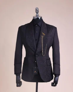 A Charcoal Black, Floral Patterned Shawl Lapel, Single Button Smoking Tuxedo Suit
