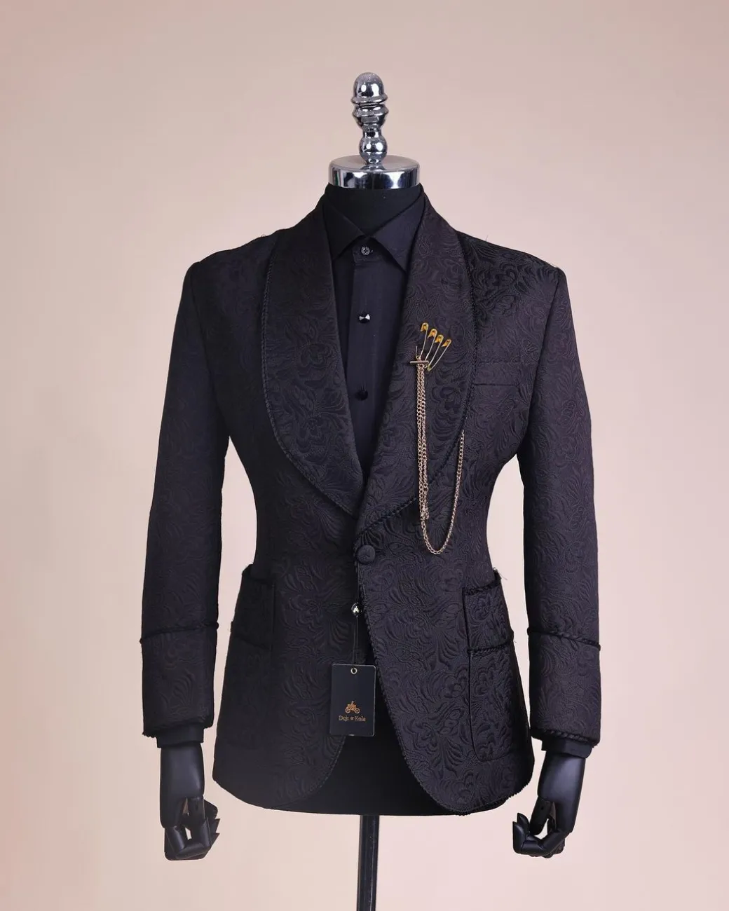 A Charcoal Black, Floral Patterned Shawl Lapel, Single Button Smoking Tuxedo Suit