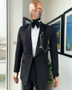 A Charcoal black, floral pattern, double-breasted shawl lapel jacquard tuxedo suit.