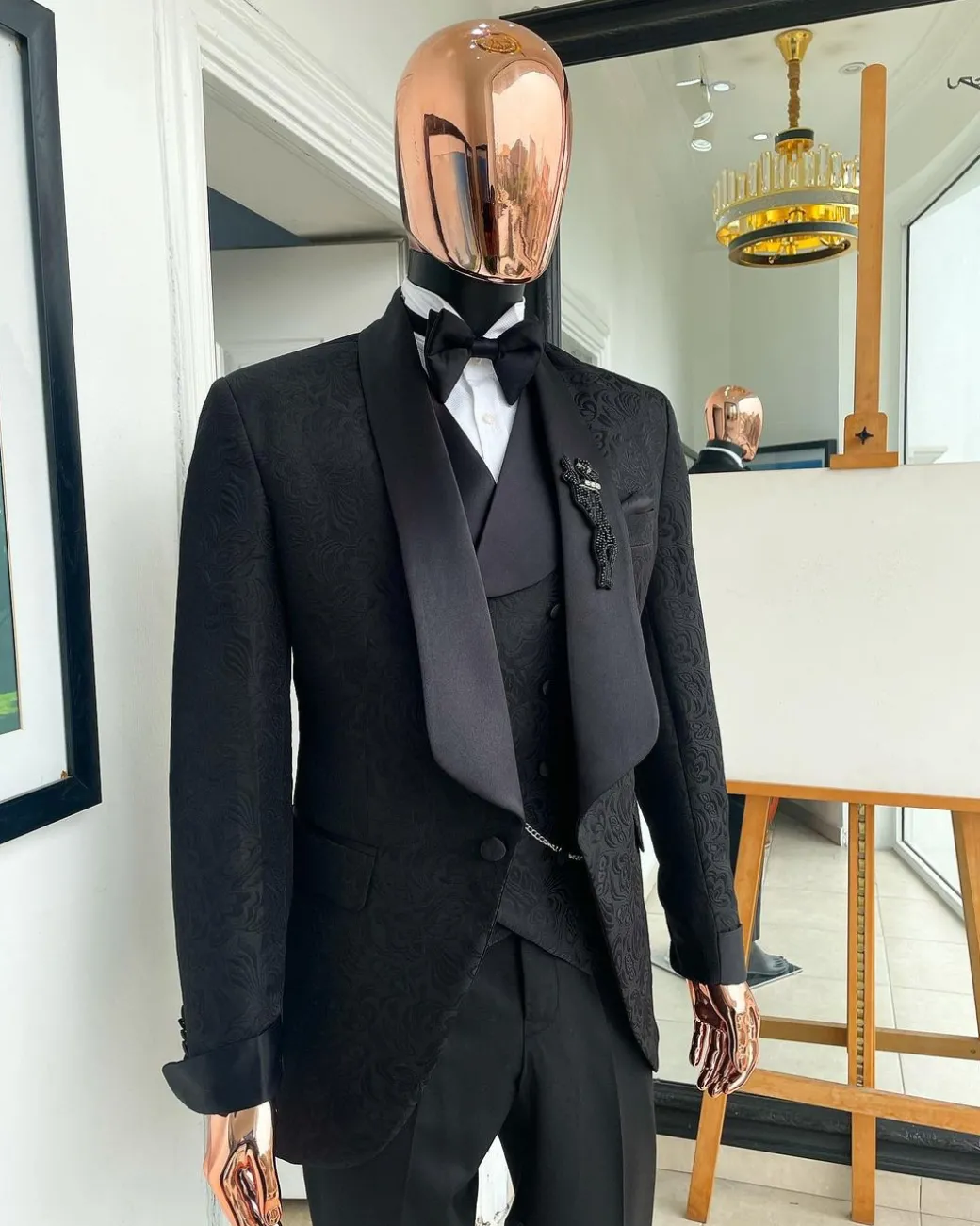 A Charcoal black, floral patterned jacquard tuxedo suit